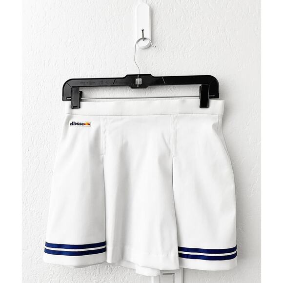 Vintage 80s Women's Ellesse Short White Pleated Skirt Navy Stripes Sporty Preppy - Picture 1 of 10